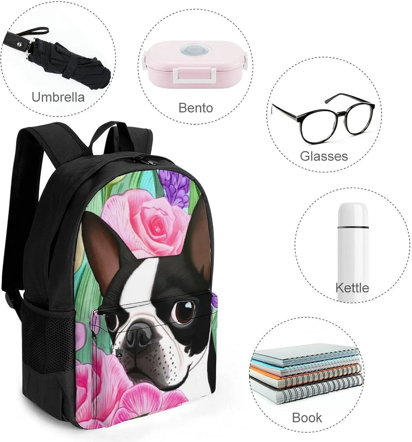 Boston Terrier Dog Florals Art Rucksack Polyester Anti-Theft Multipurpose Bookbag Big Capacity Travel and Sport Backpack Rucksack With Side Pockets
