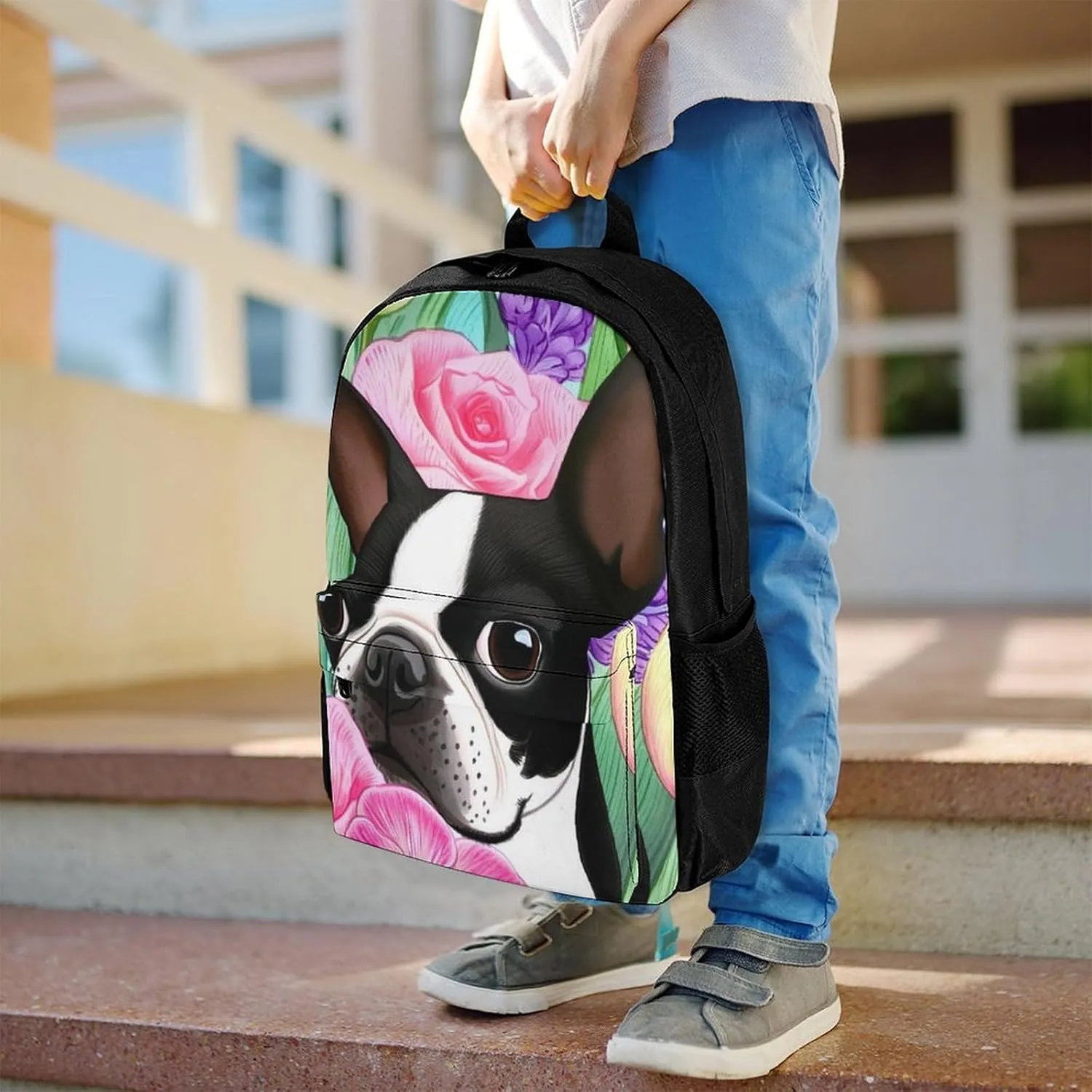 Boston Terrier Dog Florals Art Rucksack Polyester Anti-Theft Multipurpose Bookbag Big Capacity Travel and Sport Backpack Rucksack With Side Pockets