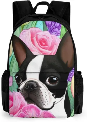 Boston Terrier Dog Florals Art Rucksack Polyester Anti-Theft Multipurpose Bookbag Big Capacity Travel and Sport Backpack Rucksack With Side Pockets
