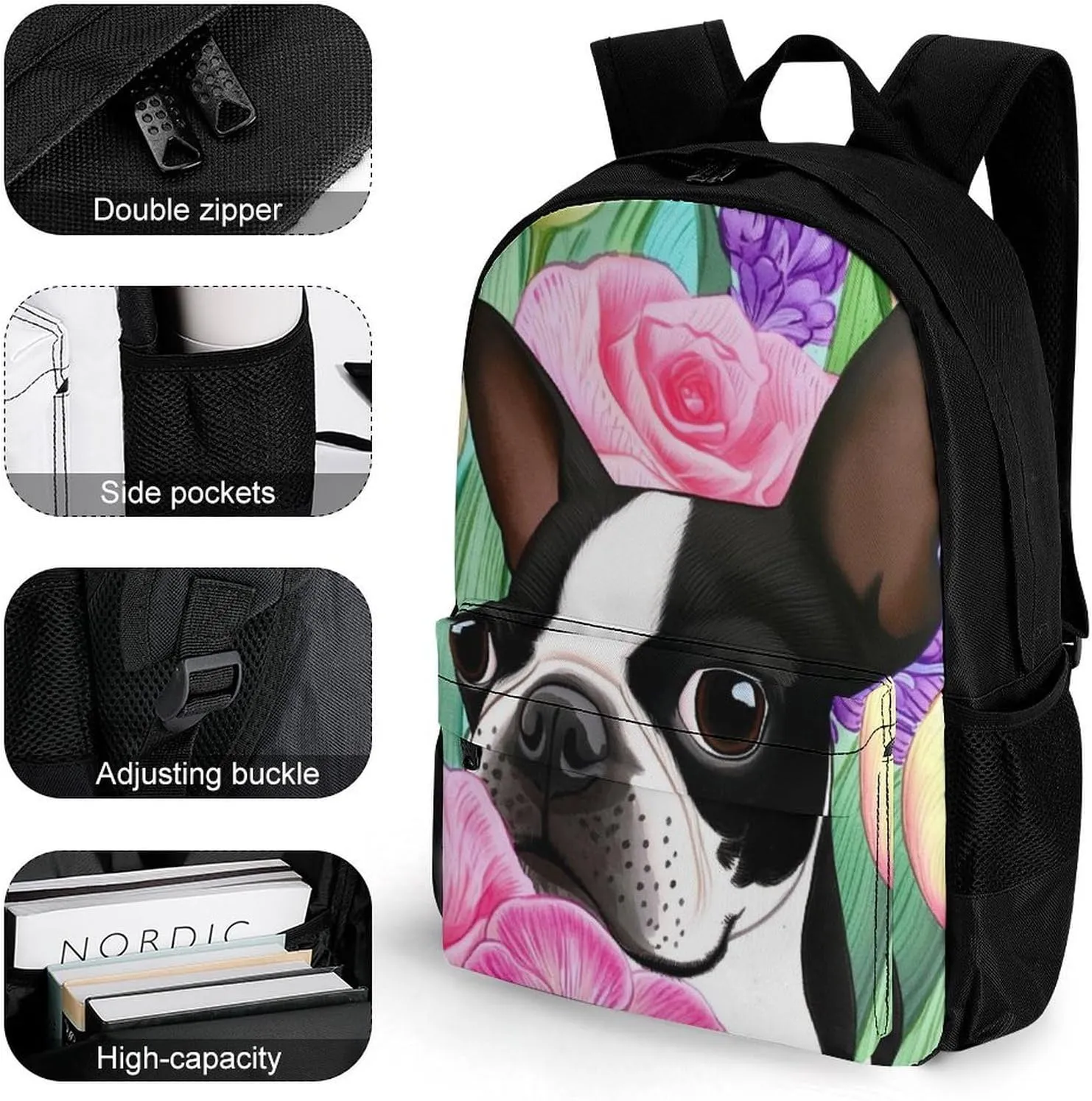 Boston Terrier Dog Florals Art Rucksack Polyester Anti-Theft Multipurpose Bookbag Big Capacity Travel and Sport Backpack Rucksack With Side Pockets