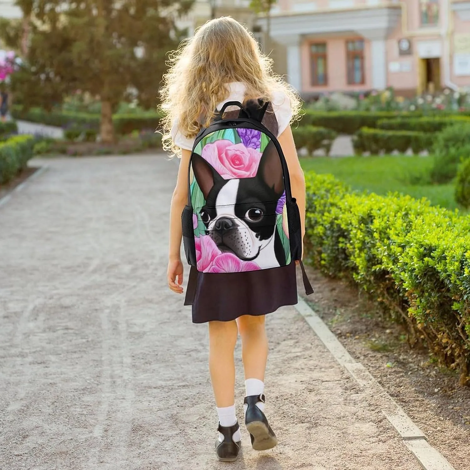 Boston Terrier Dog Florals Art Rucksack Polyester Anti-Theft Multipurpose Bookbag Big Capacity Travel and Sport Backpack Rucksack With Side Pockets