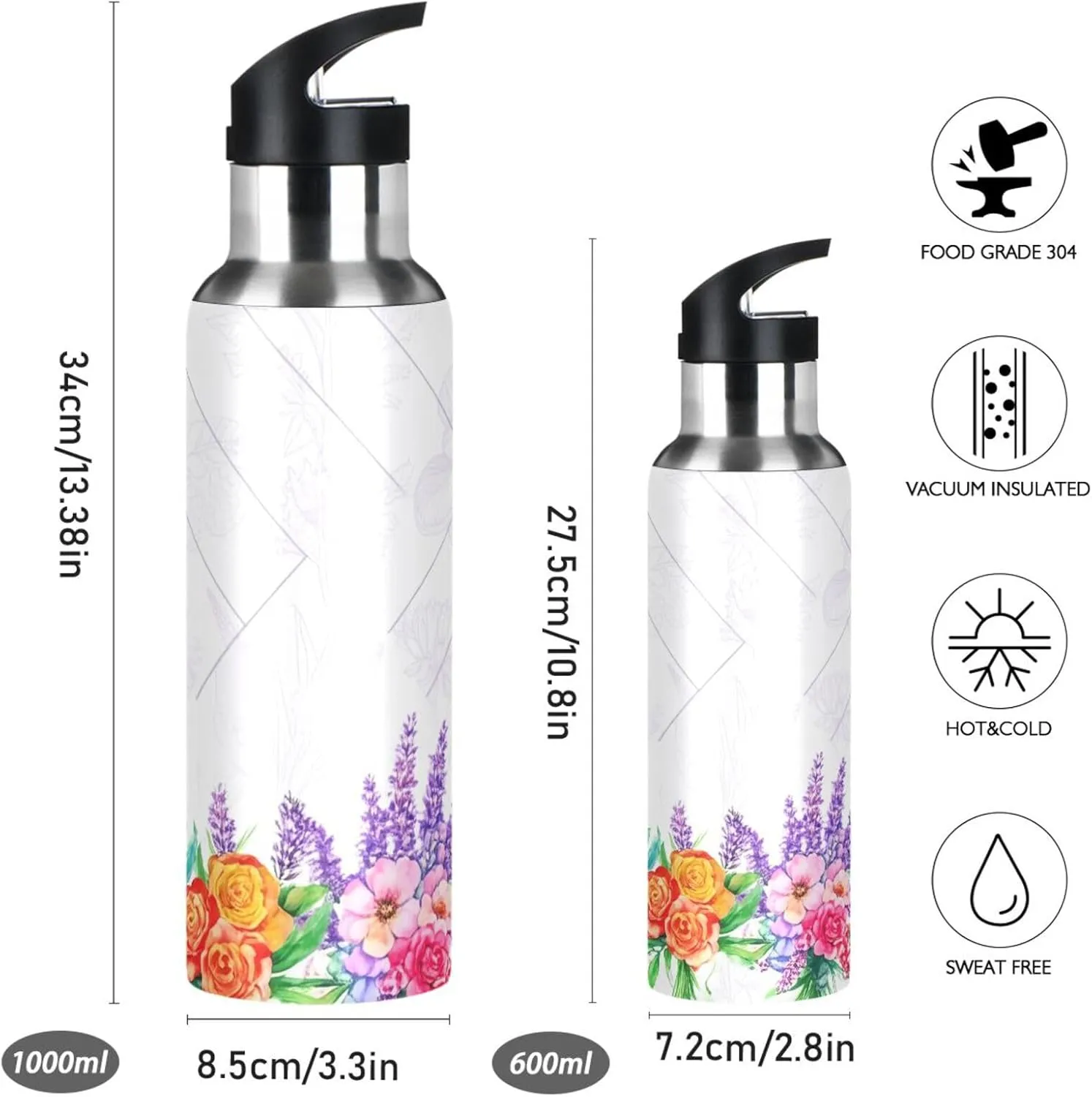 Bouquet Background Sports Water Bottle with Straw, 22oz BPA Free Stainless Steel Vacuum Insulated Bottle for Gym Fitness Outdoor
