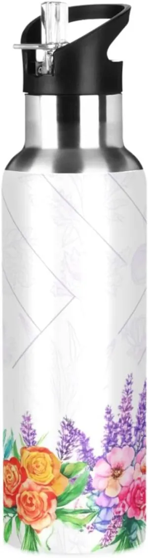 Bouquet Background Sports Water Bottle with Straw, 22oz BPA Free Stainless Steel Vacuum Insulated Bottle for Gym Fitness Outdoor