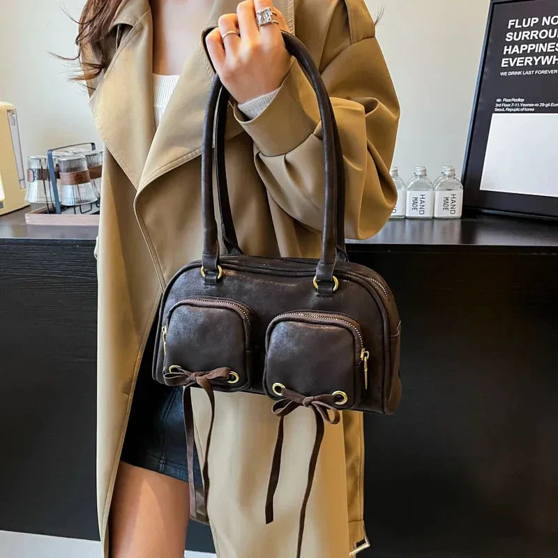 Bow Design Double Pockets Baguette Bag