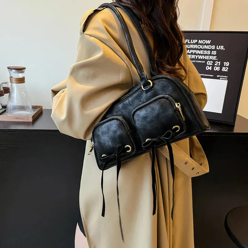 Bow Design Double Pockets Baguette Bag