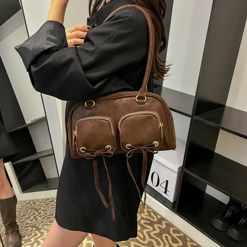 Bow Design Double Pockets Baguette Bag