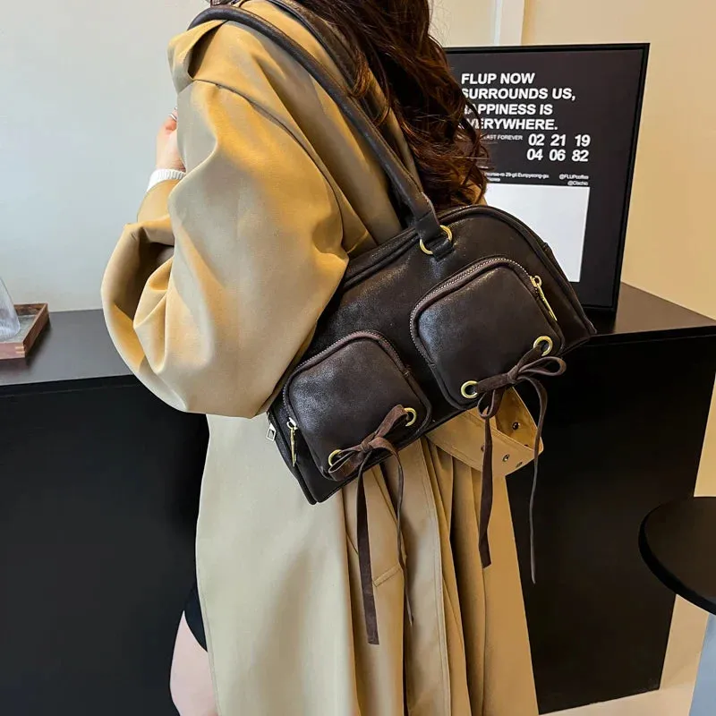 Bow Design Double Pockets Baguette Bag
