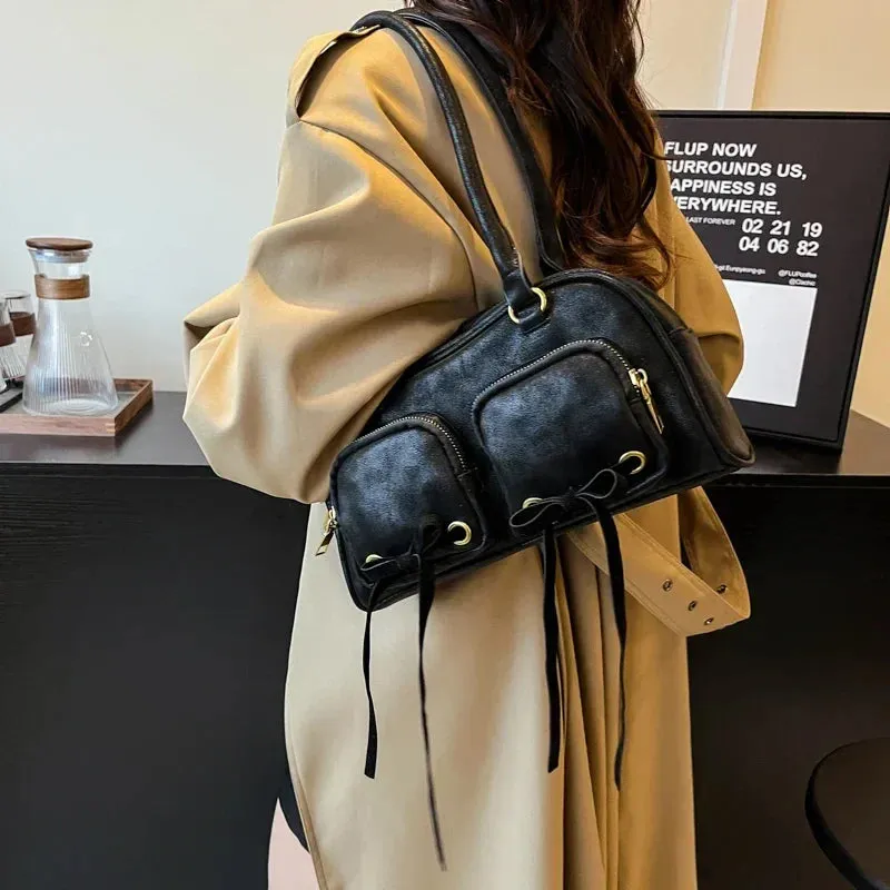 Bow Design Double Pockets Baguette Bag