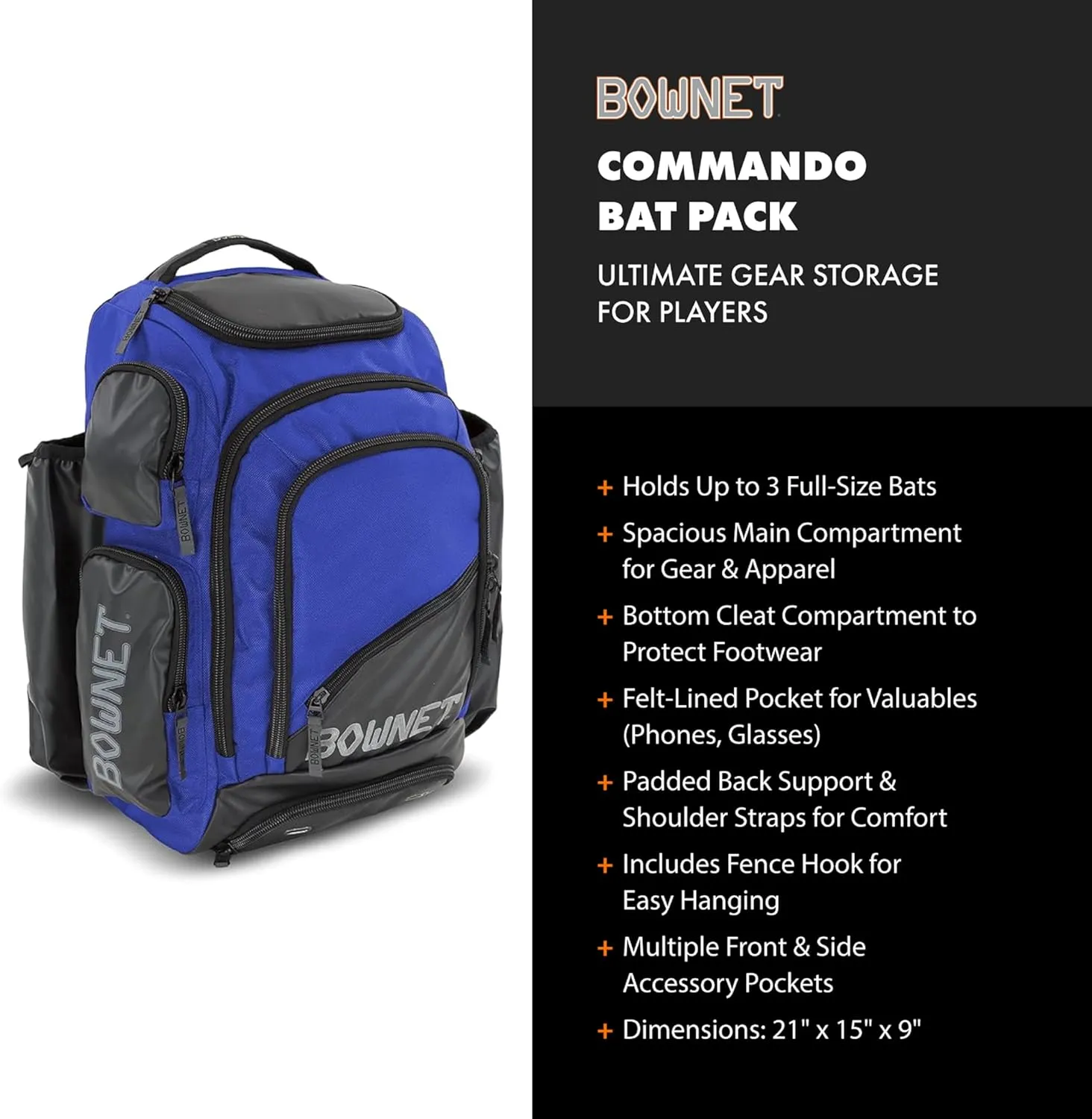 Bownet Commando Bat Bag - Holds 3 Full-Size Baseball Bats - Ultimate Batting Backpack for Boys and Girls Players - Youth Baseball Bag with Large Main Compartment