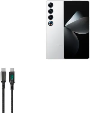 BoxWave Cable Compatible with Meizu 21 Pro - PowerDisplay PD Cable (6ft) - USB-C to USB-C (100W), LED Wattage Info Extra Long Braided Nylon - Jet Black