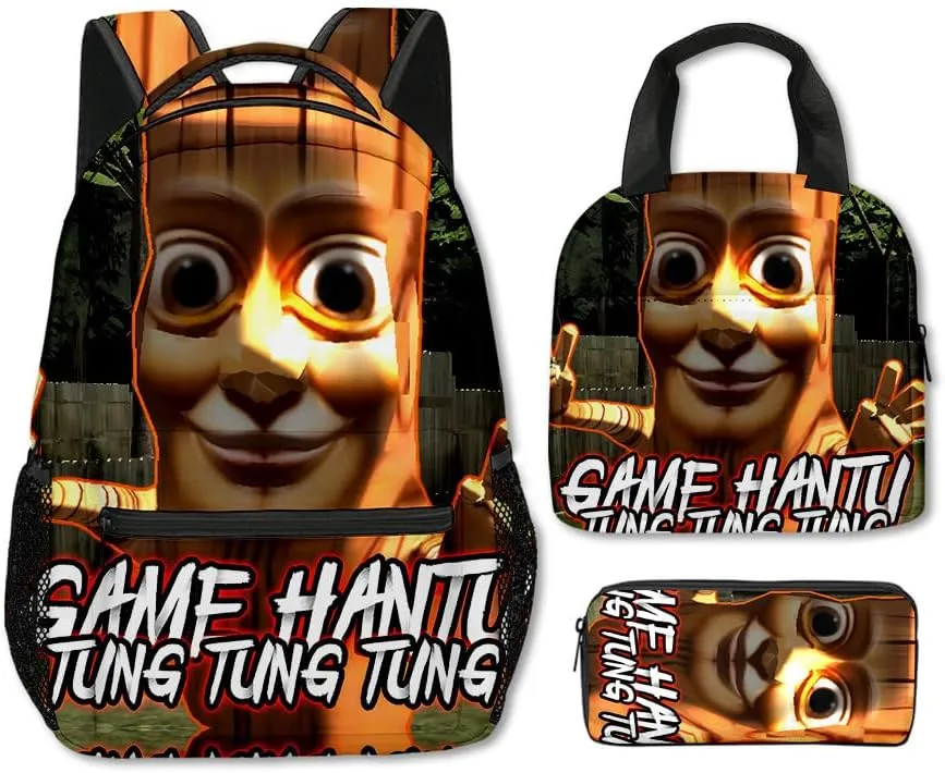 Boys Tungtungtung Backpack Lunch Bag Pencil Case 3PCS Set Kids Tung 3D Figure Printed Backpack (C13,3pcs)