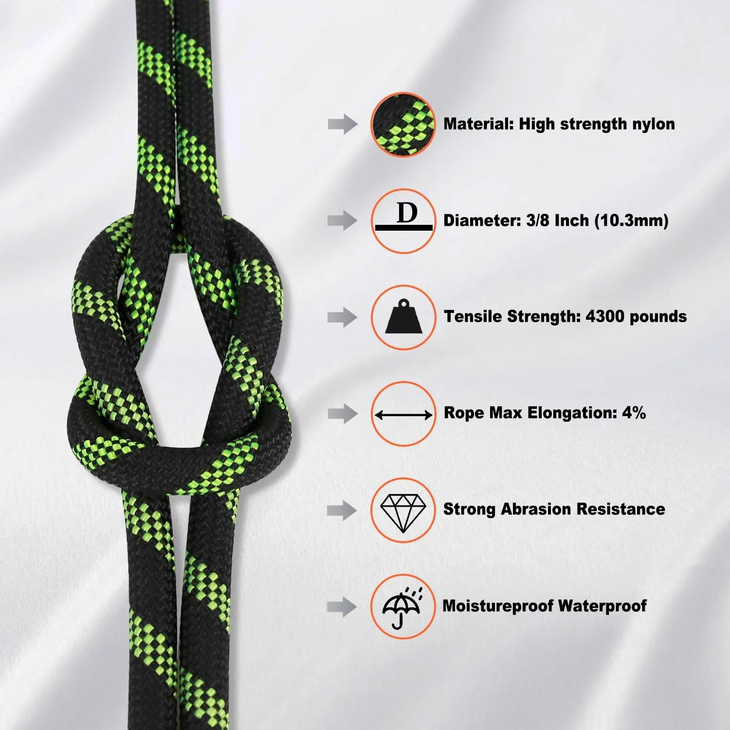 Braided Polyester Rope (3/8 in x 100 ft) Arborist Climbing Rope for Tree Climbing Pulling Swing Sailing, Black/Fluorescent Green
