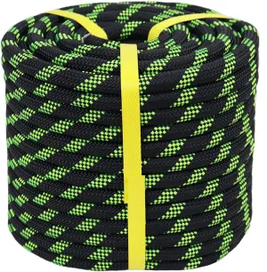 Braided Polyester Rope (3/8 in x 100 ft) Arborist Climbing Rope for Tree Climbing Pulling Swing Sailing, Black/Fluorescent Green