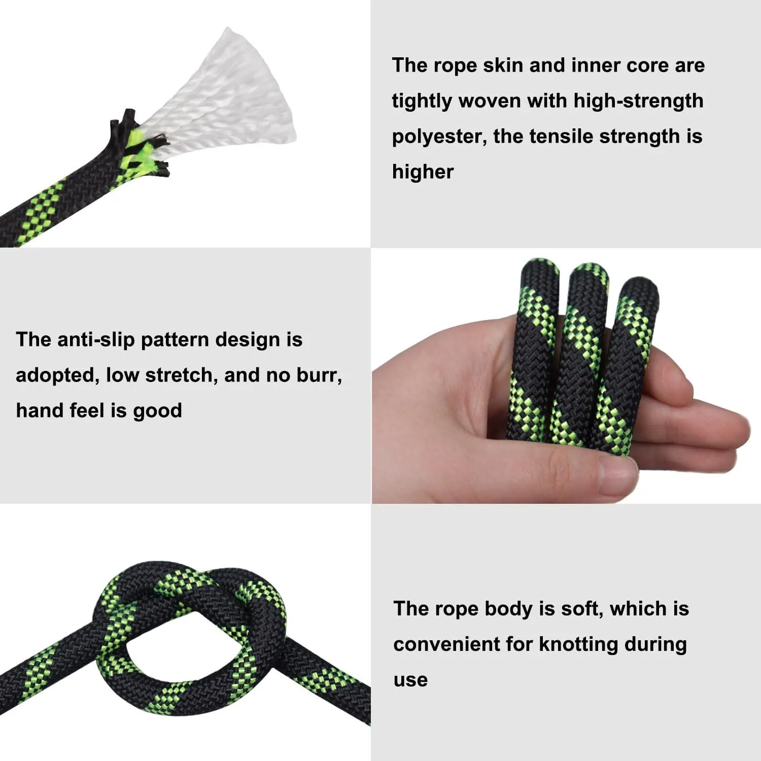 Braided Polyester Rope (3/8 in x 100 ft) Arborist Climbing Rope for Tree Climbing Pulling Swing Sailing, Black/Fluorescent Green