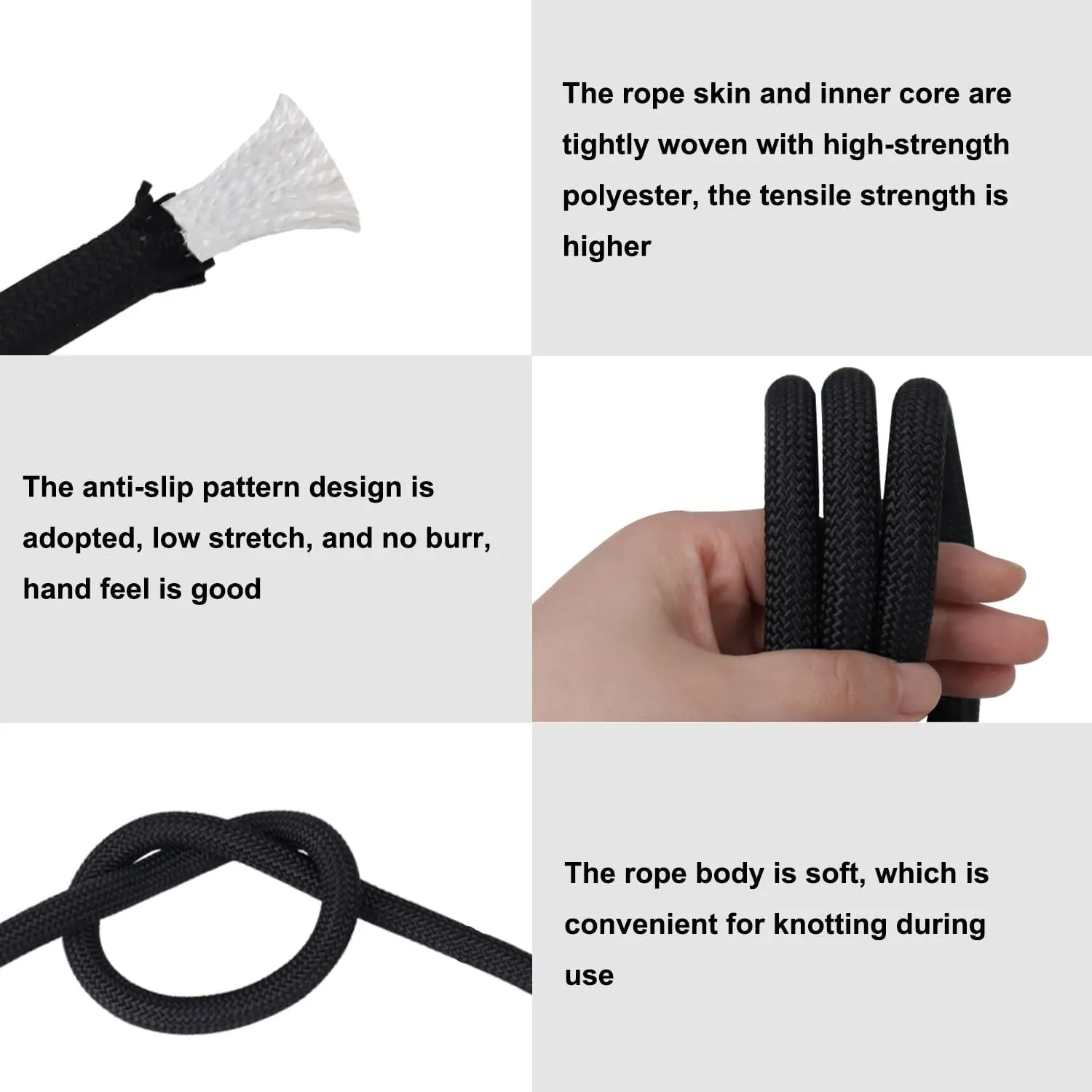 Braided Polyester Rope (3/8 in x 150 ft) Arborist Rope for Tree Climbing Pulling Swing Sailing, Black