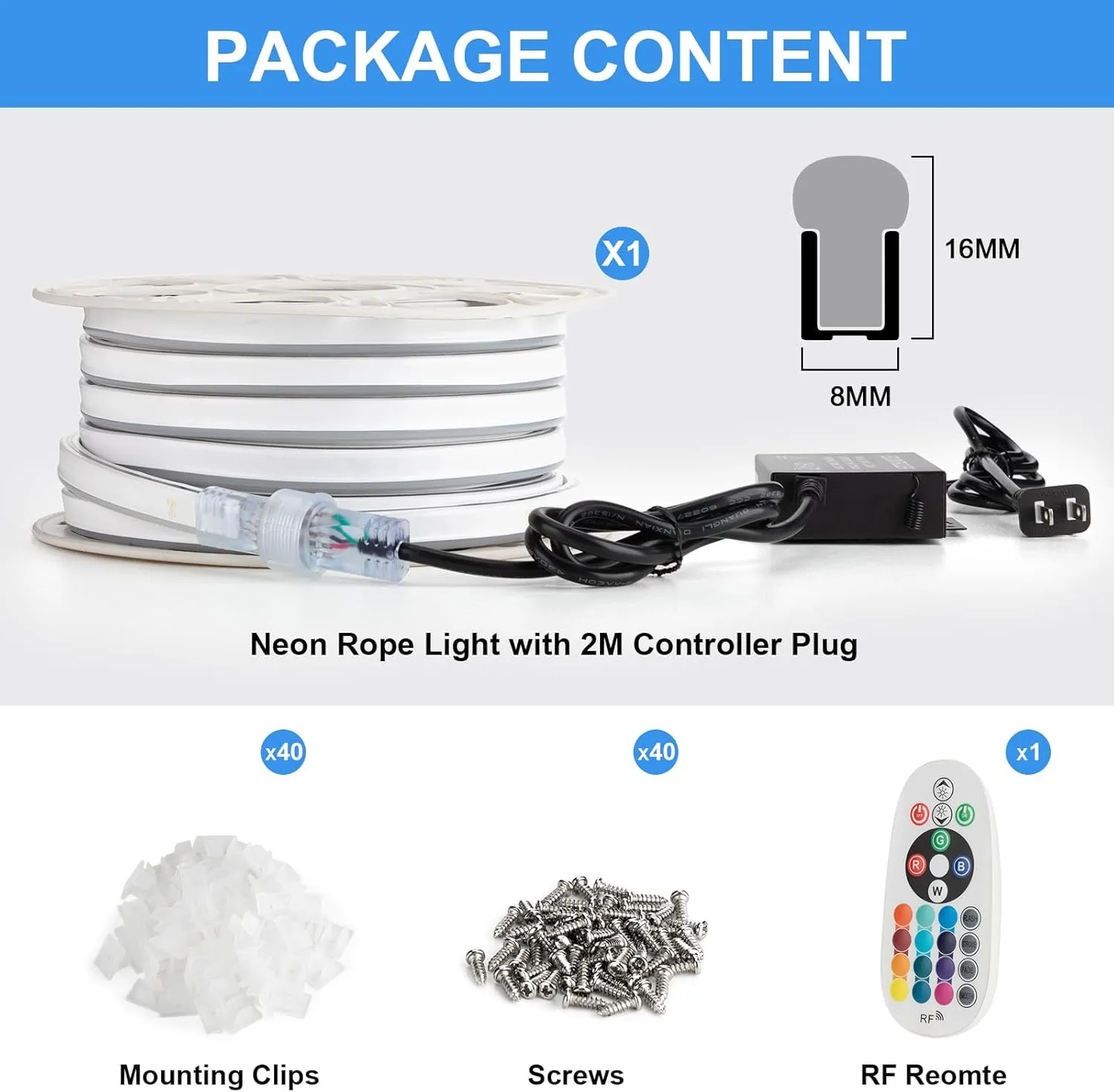 Brillihood RGB Neon Rope Light, Flexible 120V LED Neon Light Strip, SMD5050 80LEDs/M Outdoor Waterproof Neon Lighting with RF Remote & 2M Controller Plug for Home Building Commercial Decor, 20M/65.6Ft