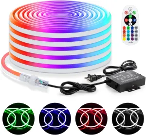 Brillihood RGB Neon Rope Light, Flexible 120V LED Neon Light Strip, SMD5050 80LEDs/M Outdoor Waterproof Neon Lighting with RF Remote & 2M Controller Plug for Home Building Commercial Decor, 20M/65.6Ft