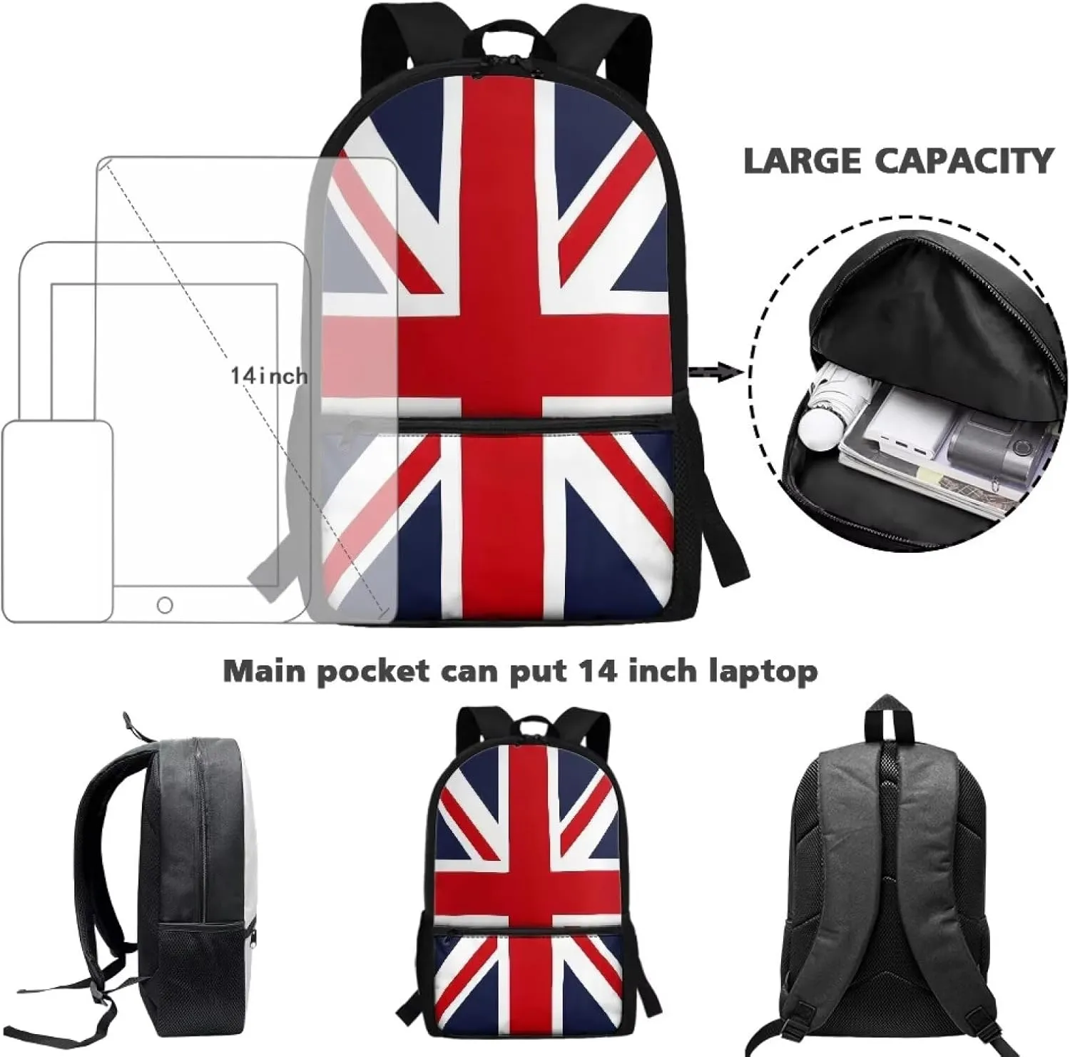 British Flag Backpack for Teen Girls 17" Casual Backpack for School Large Capacity Lightweight Bookbag for Students