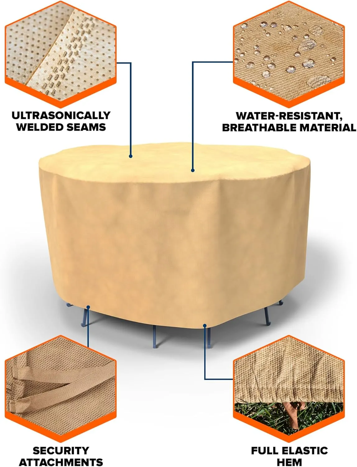 Budge P5A31SF1 All Seasons Round Patio Table Cover Lightweight, UV-Resistant, Small, Tan
