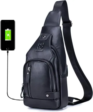 BULLCAPTAIN Genuine Leather Sling Bag with USB Charging Port Multi-pocket Chest Bag for Men Hiking Travel Daypack XB-129