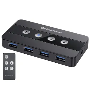 Cable Matters 4 Port USB 3.0 Switch USB Sharing Switch for 4 Computers and USB Peripherals - Button or Wireless Remote Control Switching - Includes a USB-C Adapter for USB-C USB4 and Thunderbolt 4