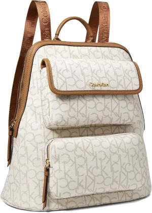 Calvin Klein Women's Enya Signature Backpack, Vanilla/Khaki/Caramel, Large