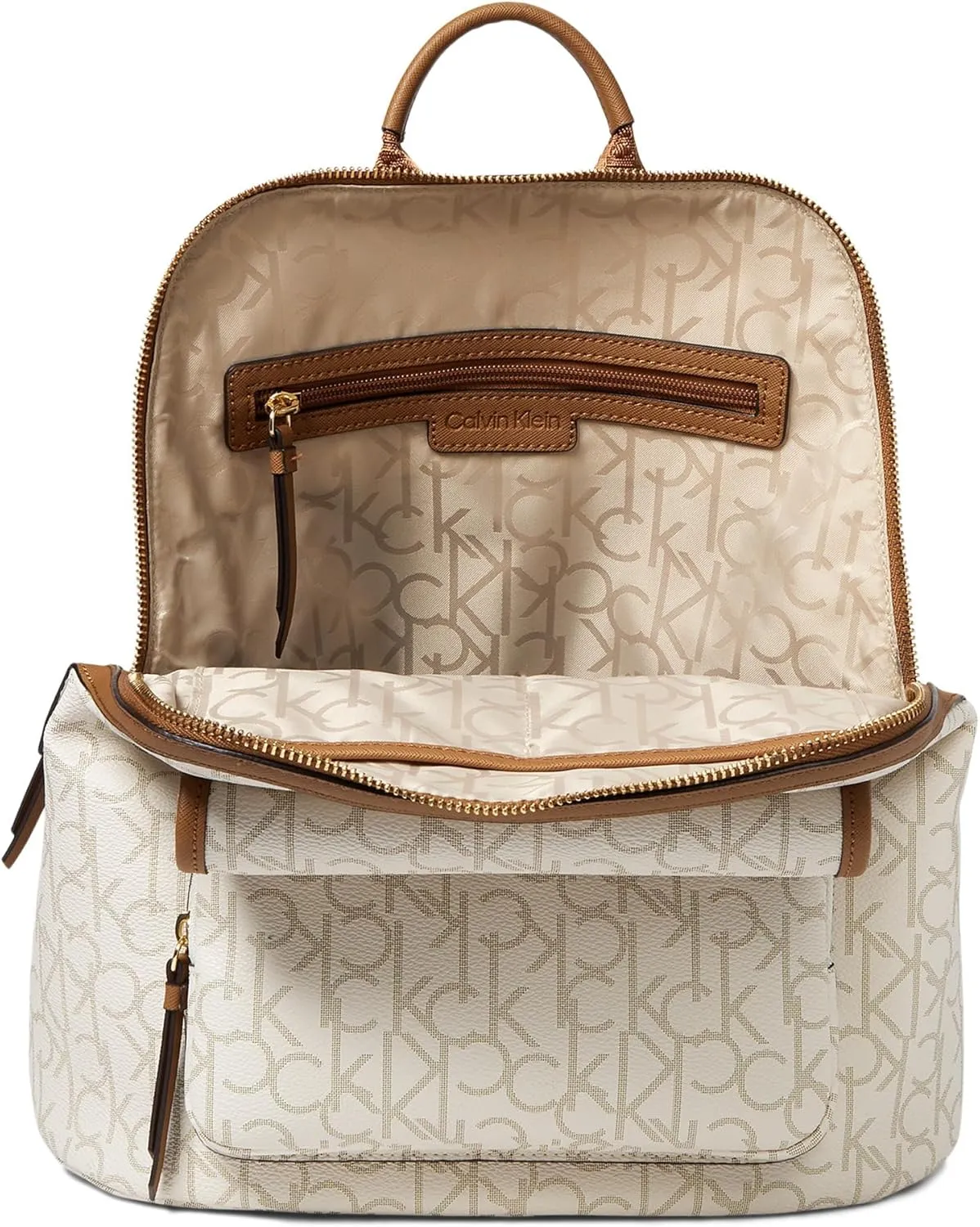 Calvin Klein Women's Enya Signature Backpack, Vanilla/Khaki/Caramel, Large
