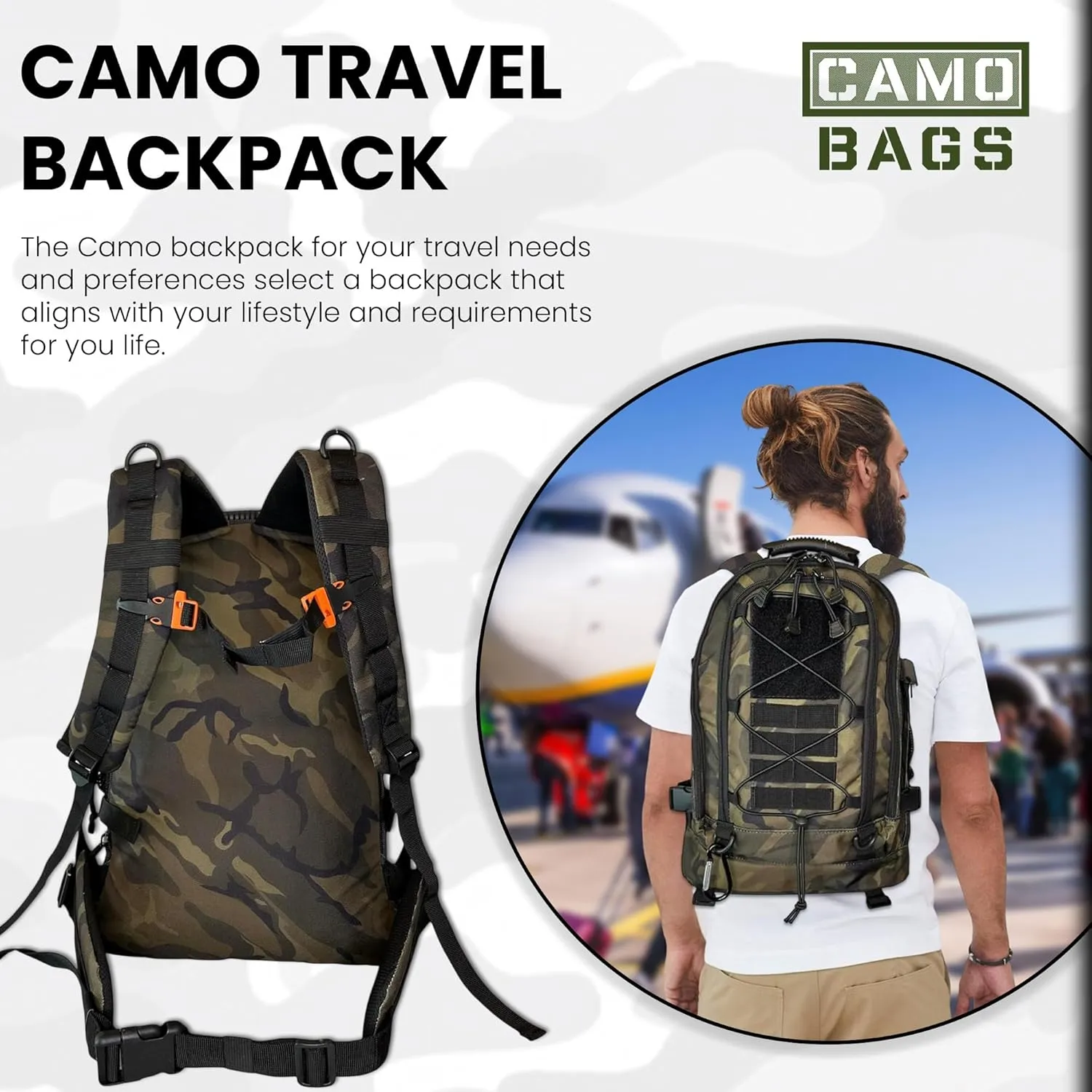 Camo Expandable Travel Backpack - 1000 Denier Cordura Polyester, Large Capacity Zipper Backpack with Multi Compartments - Lightweight & Comfortable Padded Straps - Ideal for Hiking, Camping & Outdoor