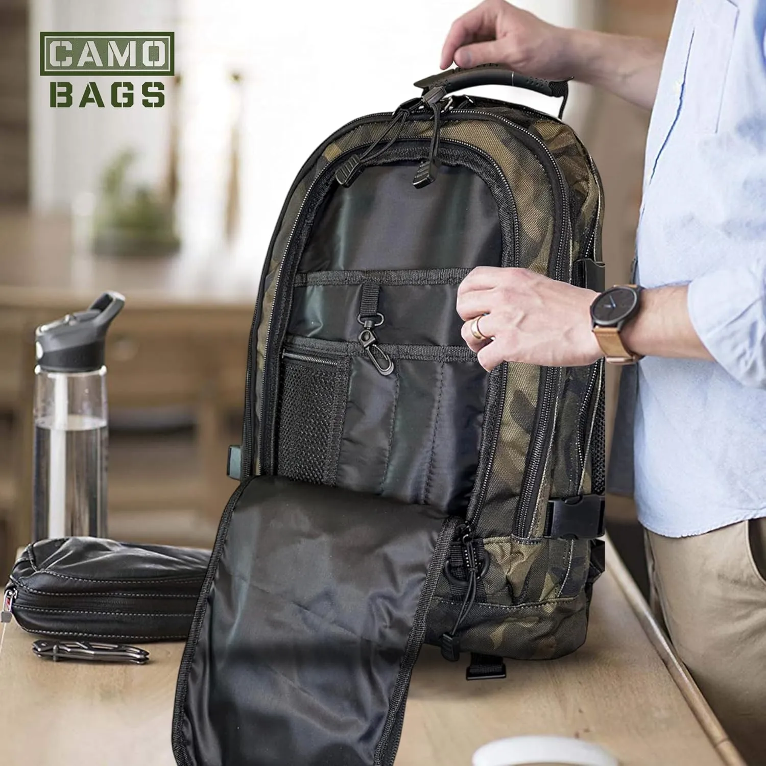 Camo Expandable Travel Backpack - 1000 Denier Cordura Polyester, Large Capacity Zipper Backpack with Multi Compartments - Lightweight & Comfortable Padded Straps - Ideal for Hiking, Camping & Outdoor