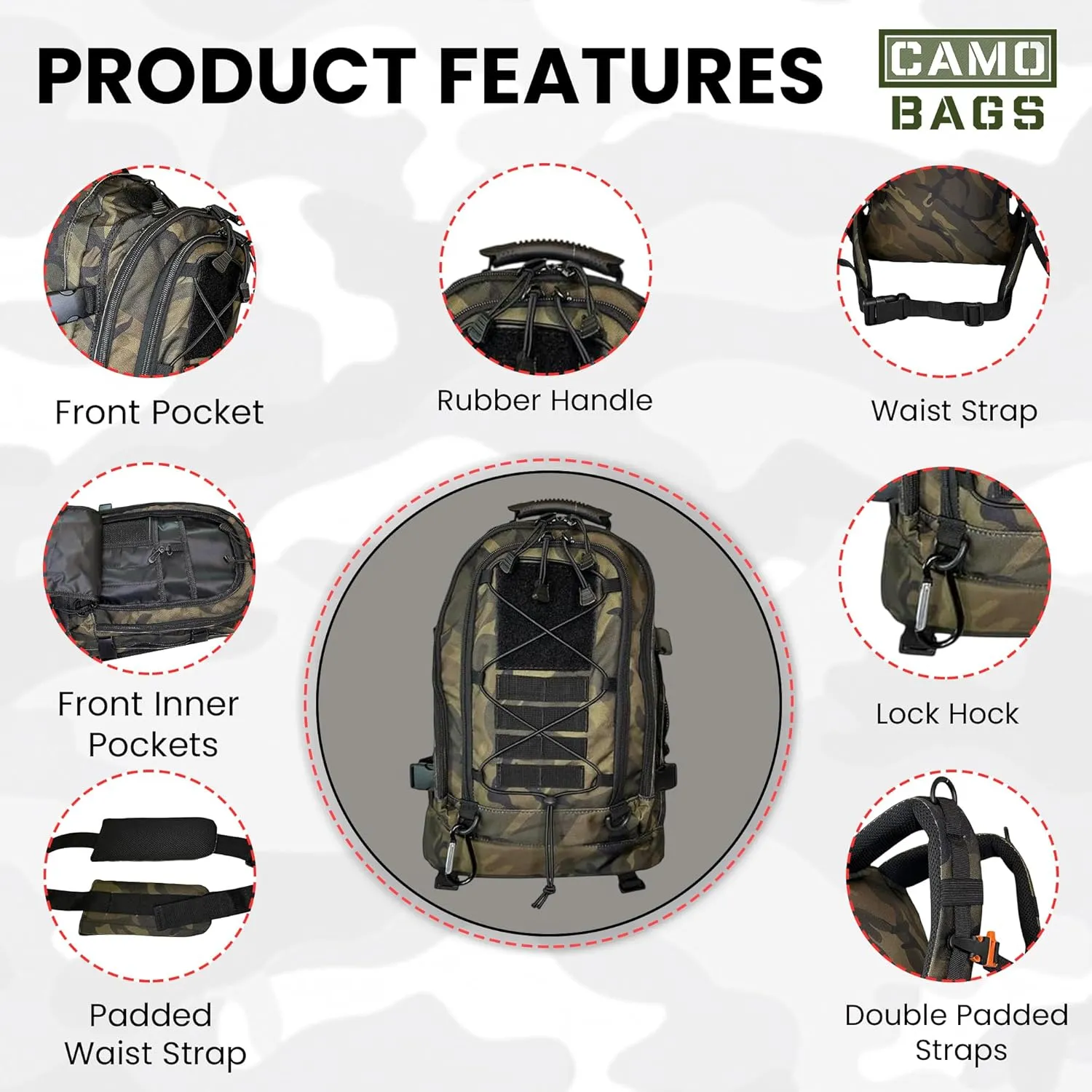 Camo Expandable Travel Backpack - 1000 Denier Cordura Polyester, Large Capacity Zipper Backpack with Multi Compartments - Lightweight & Comfortable Padded Straps - Ideal for Hiking, Camping & Outdoor
