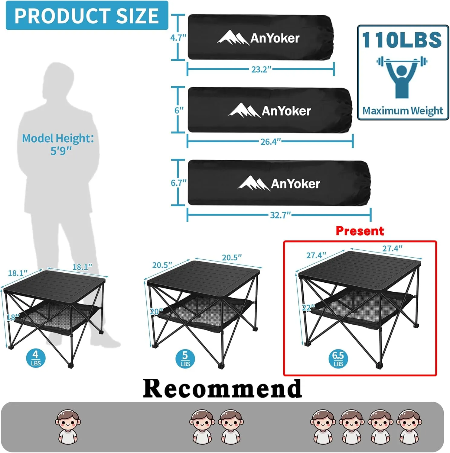 Camping Foldable Square Table with Storage Carry Bag, Small Folding Picnic Table, Portable Beach Table, Lightweight Outdoor Side Table FZ (Black, L)