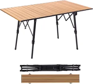 Camping Folding Table Portable Storage Adjustable Height Wooden Roll Up Table Lightweight and Stable Picnic Hiking Outdoor Furniture