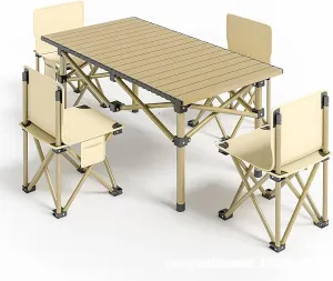 Camping Table and Chair Set, with 4 Chairs, Portable Outdoor Table for Fishing BBQ Picnic, Garden Parties with Carrying Bag,Yellow