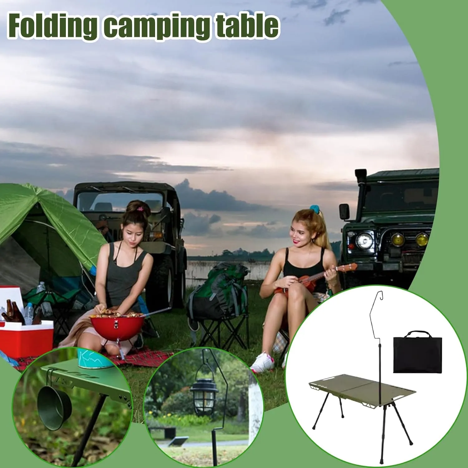 Camping Table - Lightweight Folding Table | Foldable Picnic Cooking Desk, Portable Height Adjustable Picnic Table with Light Holder for RV Tailgating Garden Barbecue Beach Backyard Balcony Patio