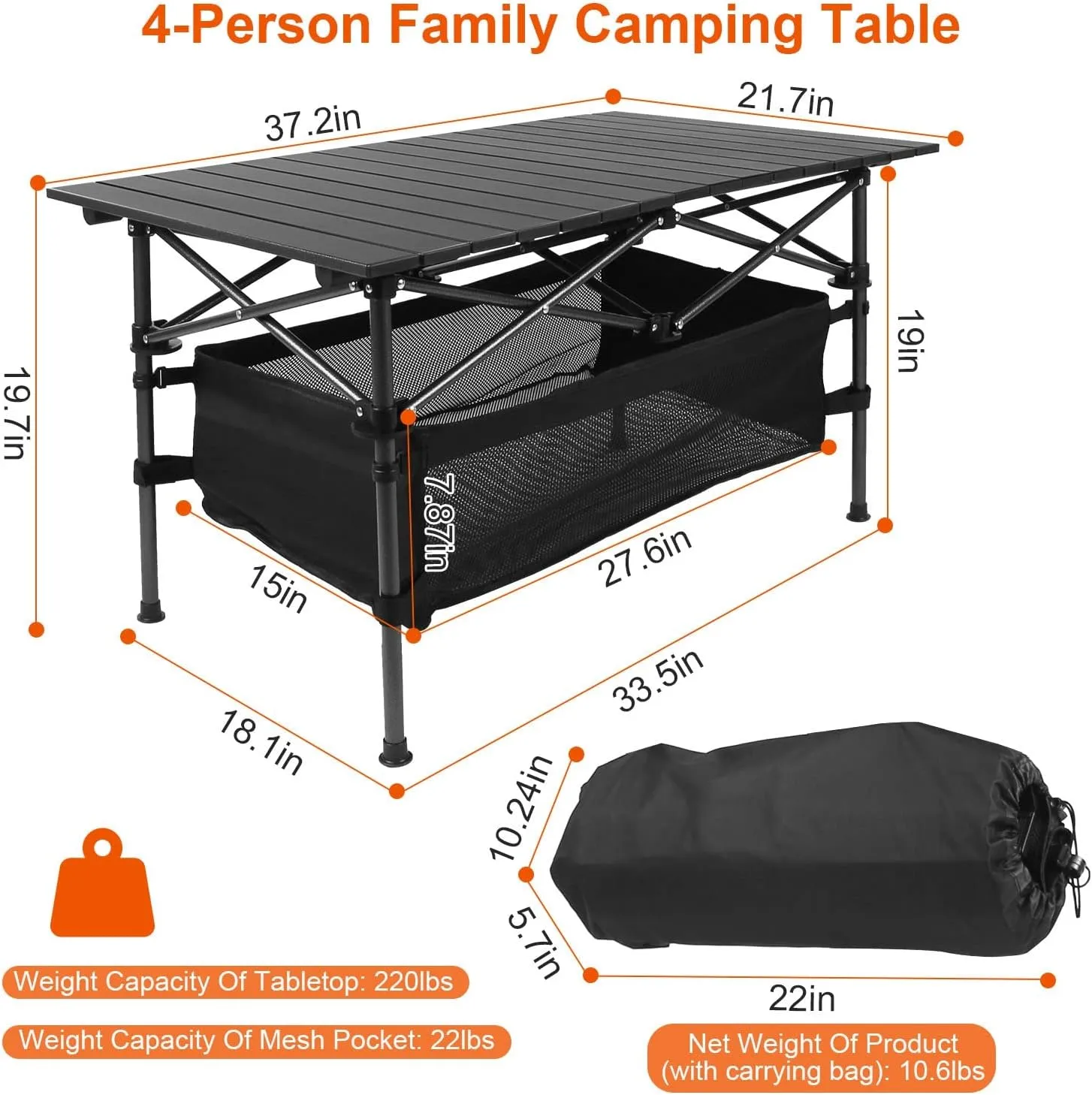 Camping Table Portable Picnic Folding Table Lightweight Aluminum Roll-up BBQ Grill Ta-ble Outdoor Cooking Table with Carrying Bag 37x22inch