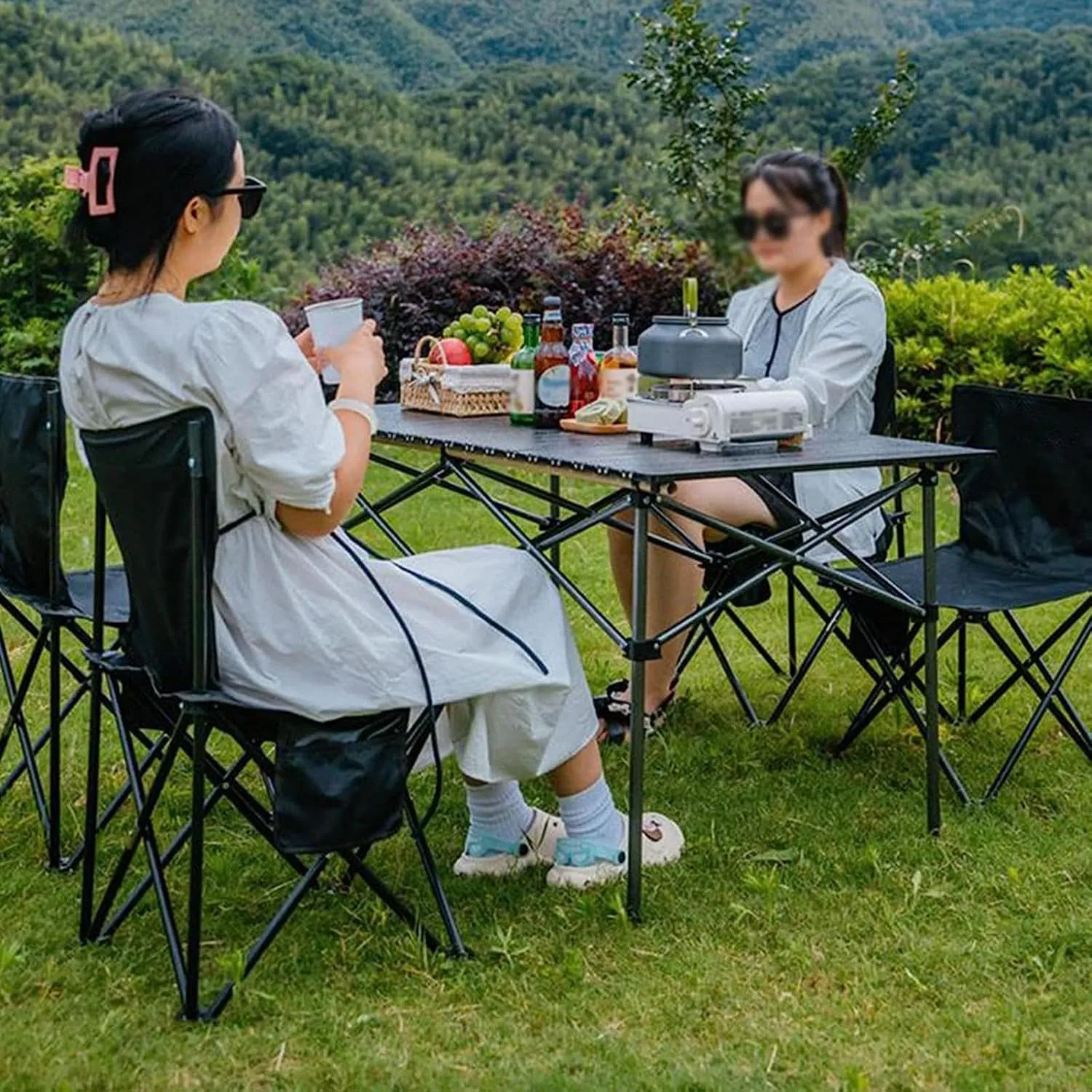 Camping Tables Folding Table for Outdoor Camp BBQ Fishing with Aluminum Roll up Table Top,Portable Lightweight Table and Chairs Set