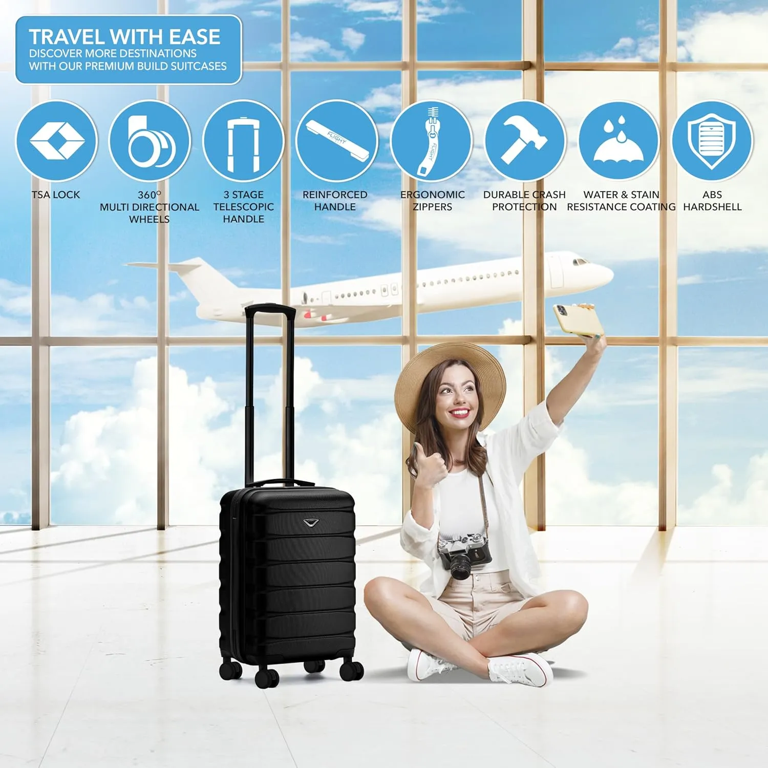 Carry On Suitcase 22x14x9 Hardside Built In TSA Lock & USB Port Lightweight Luggage Silent Double Spinner Wheels Maximum Overhead Carry-On Bag For American & United Approved Airlines