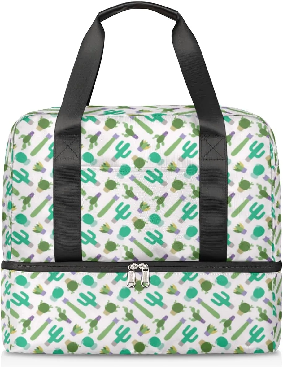 Cartoon Cactus Succulents Travel Bag Double Tier Zip Closure Weekender Bag with Leather Handle Waterproof Sports Tote Gym Bag for Swim Beach Gym Yoga