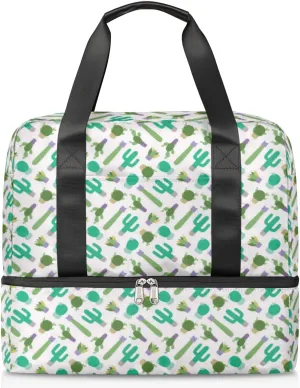 Cartoon Cactus Succulents Travel Bag Double Tier Zip Closure Weekender Bag with Leather Handle Waterproof Sports Tote Gym Bag for Swim Beach Gym Yoga
