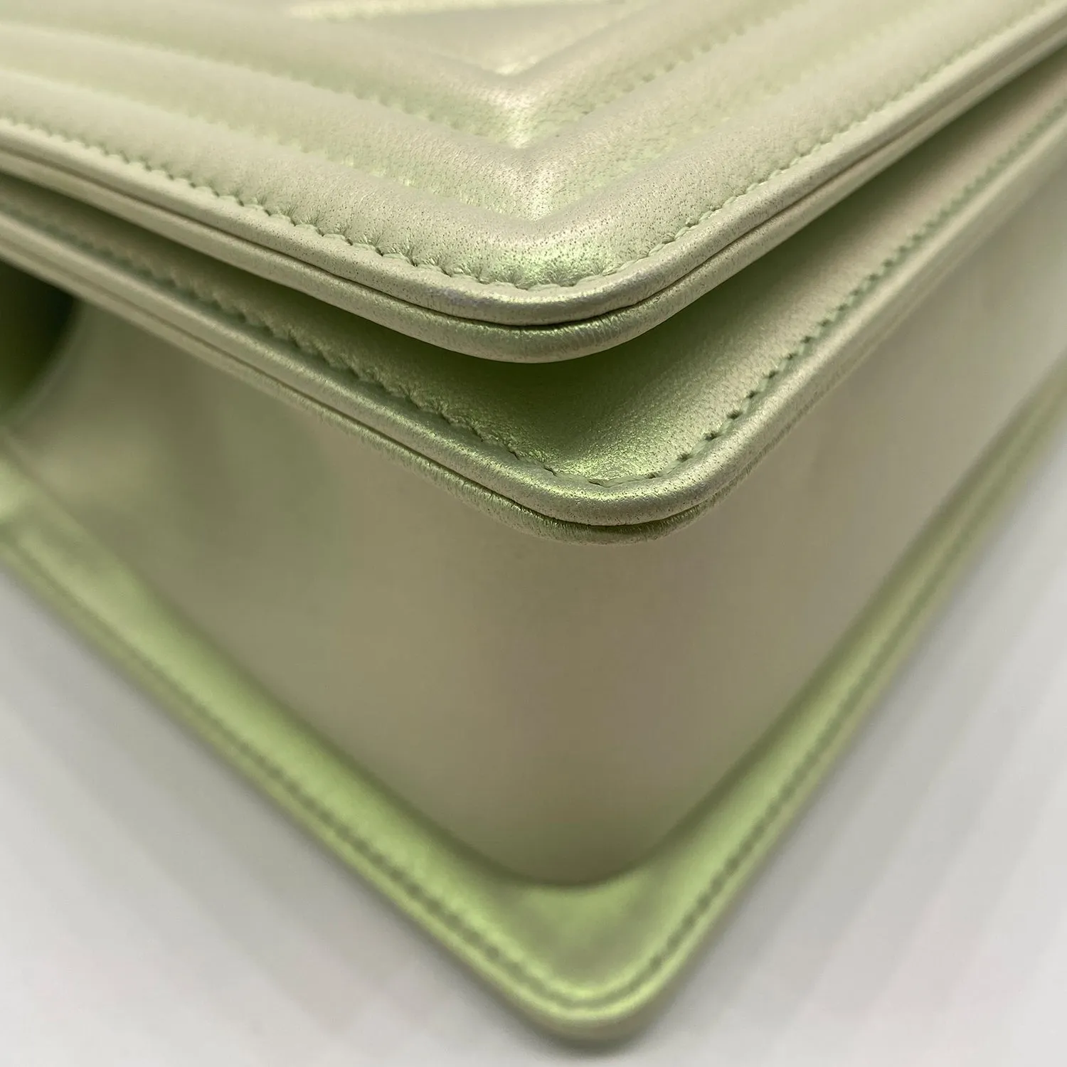 Chanel Medium Boy Flap in Iridescent Green Lambskin Chevron Quilted with Sliver Hardware