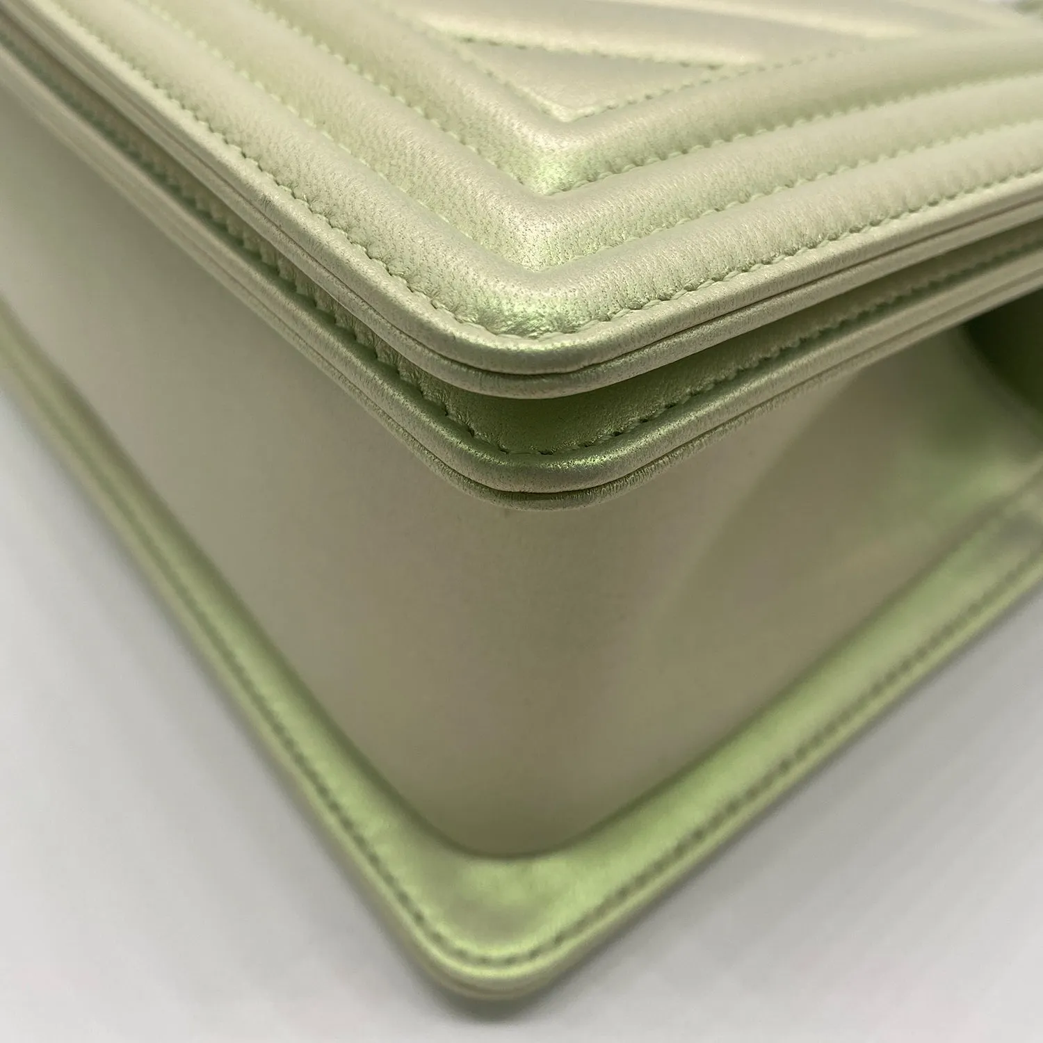 Chanel Medium Boy Flap in Iridescent Green Lambskin Chevron Quilted with Sliver Hardware
