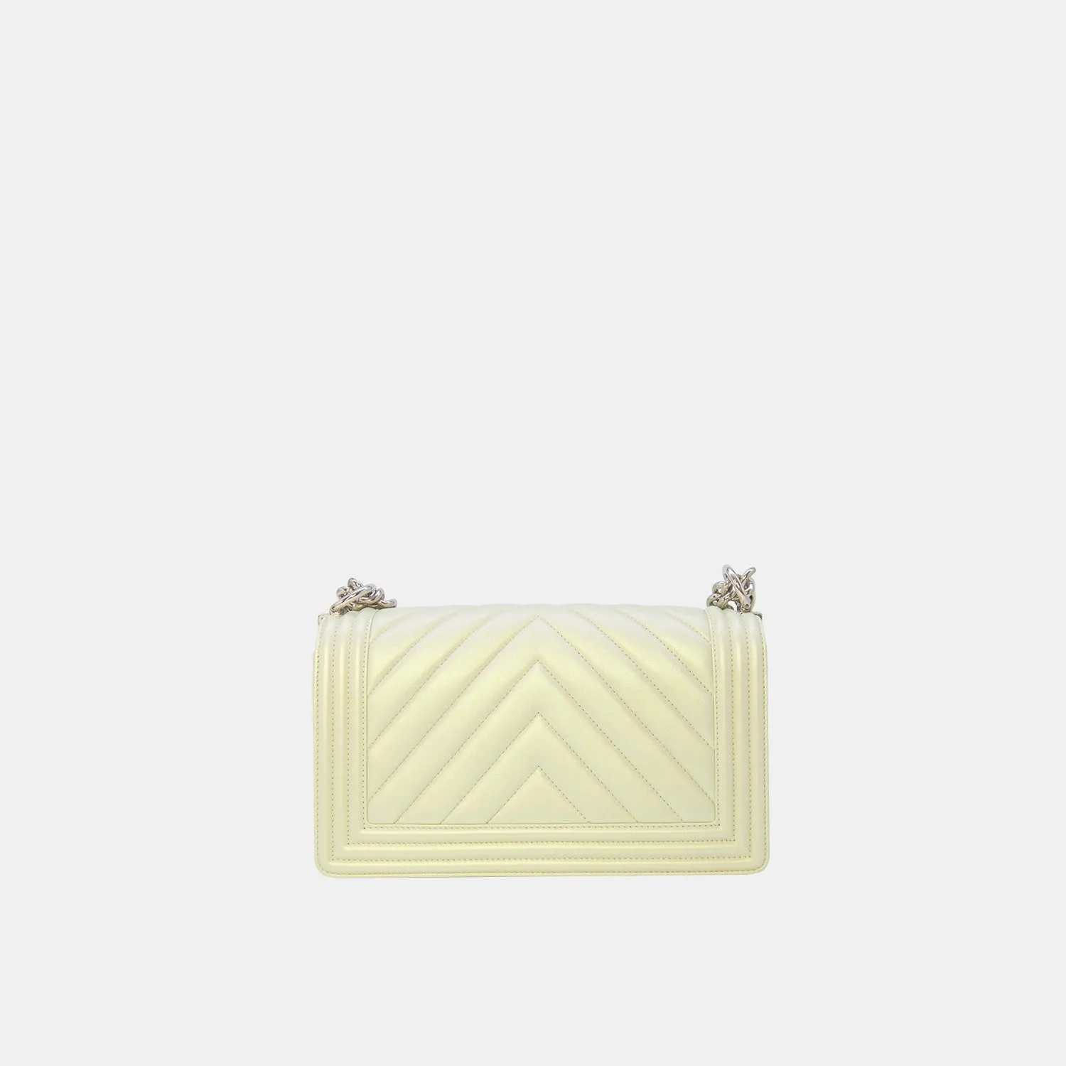 Chanel Medium Boy Flap in Iridescent Green Lambskin Chevron Quilted with Sliver Hardware