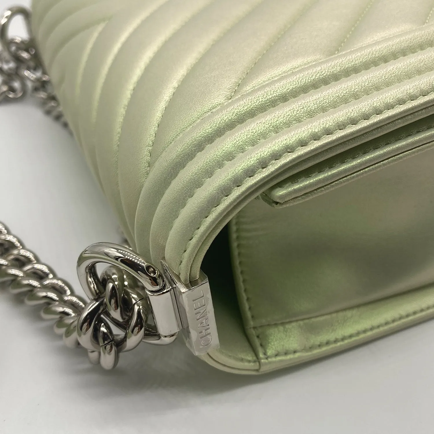 Chanel Medium Boy Flap in Iridescent Green Lambskin Chevron Quilted with Sliver Hardware