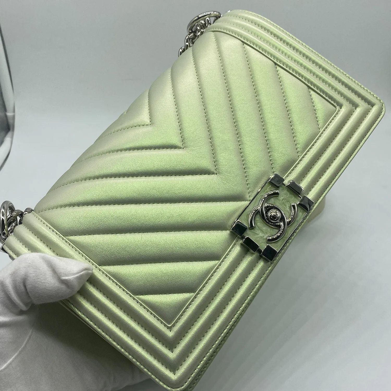 Chanel Medium Boy Flap in Iridescent Green Lambskin Chevron Quilted with Sliver Hardware