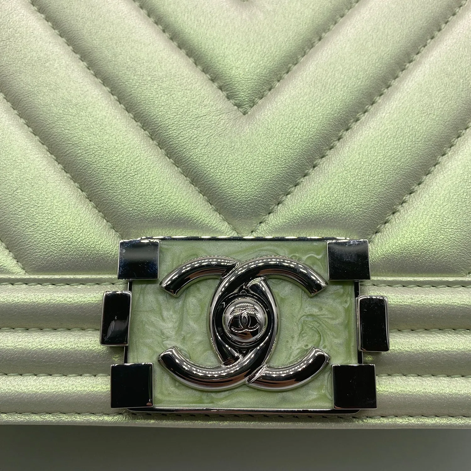 Chanel Medium Boy Flap in Iridescent Green Lambskin Chevron Quilted with Sliver Hardware