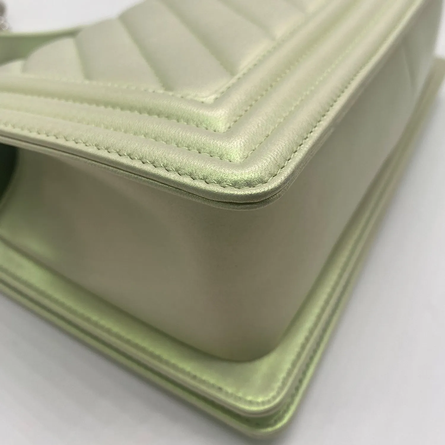 Chanel Medium Boy Flap in Iridescent Green Lambskin Chevron Quilted with Sliver Hardware