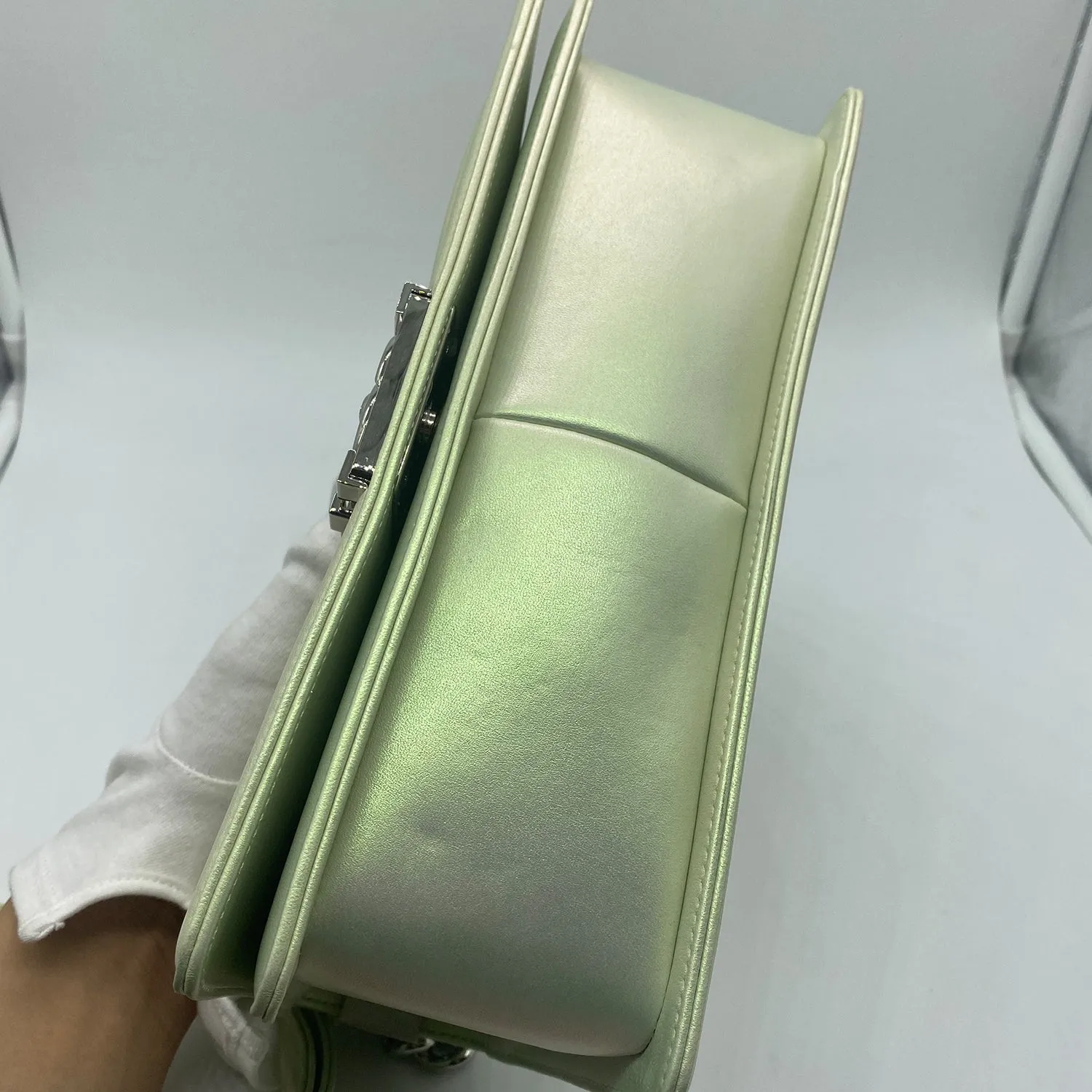Chanel Medium Boy Flap in Iridescent Green Lambskin Chevron Quilted with Sliver Hardware
