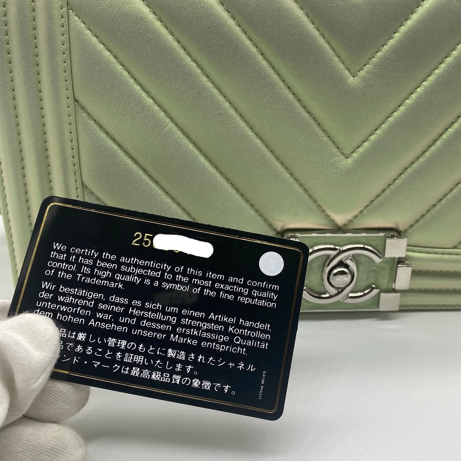 Chanel Medium Boy Flap in Iridescent Green Lambskin Chevron Quilted with Sliver Hardware