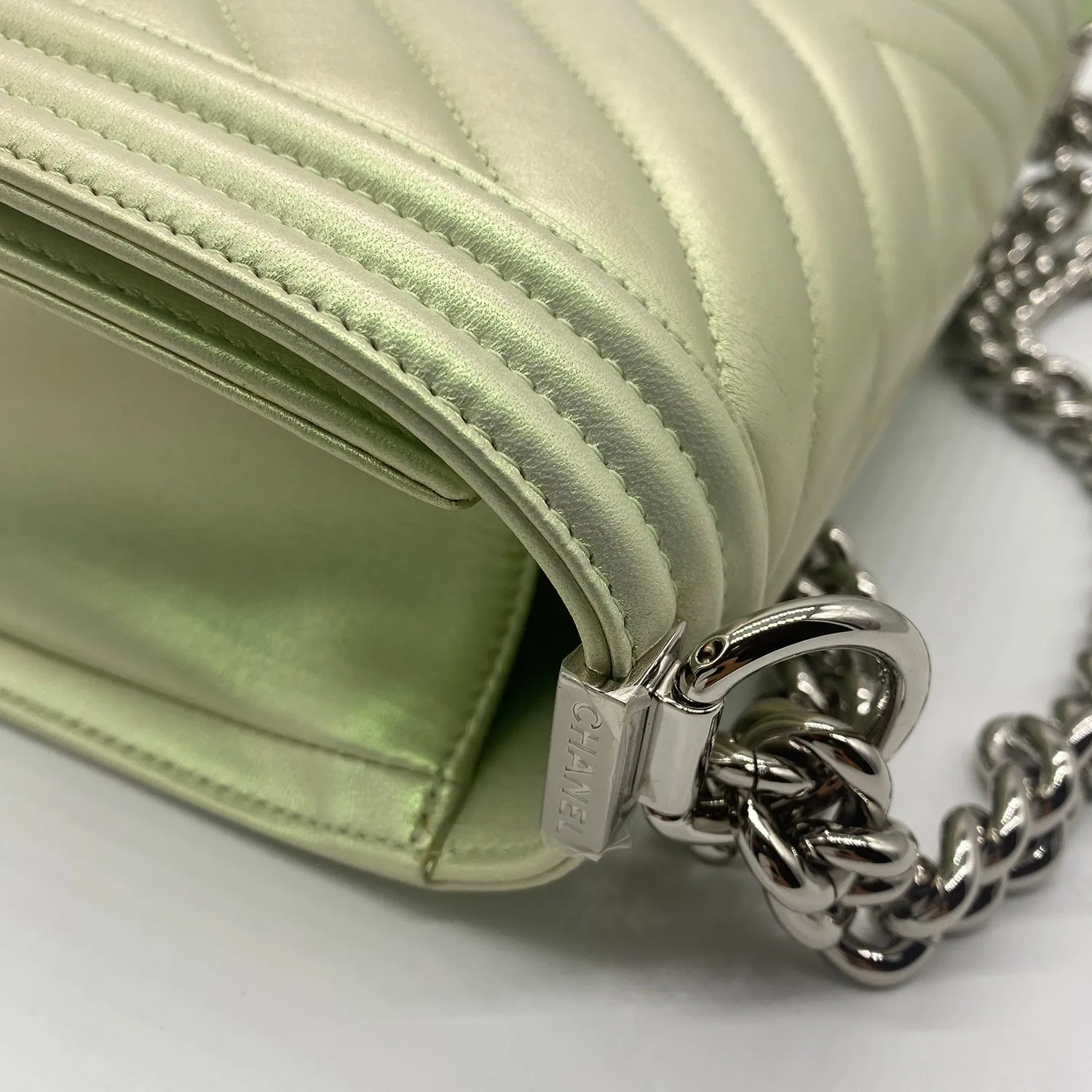 Chanel Medium Boy Flap in Iridescent Green Lambskin Chevron Quilted with Sliver Hardware