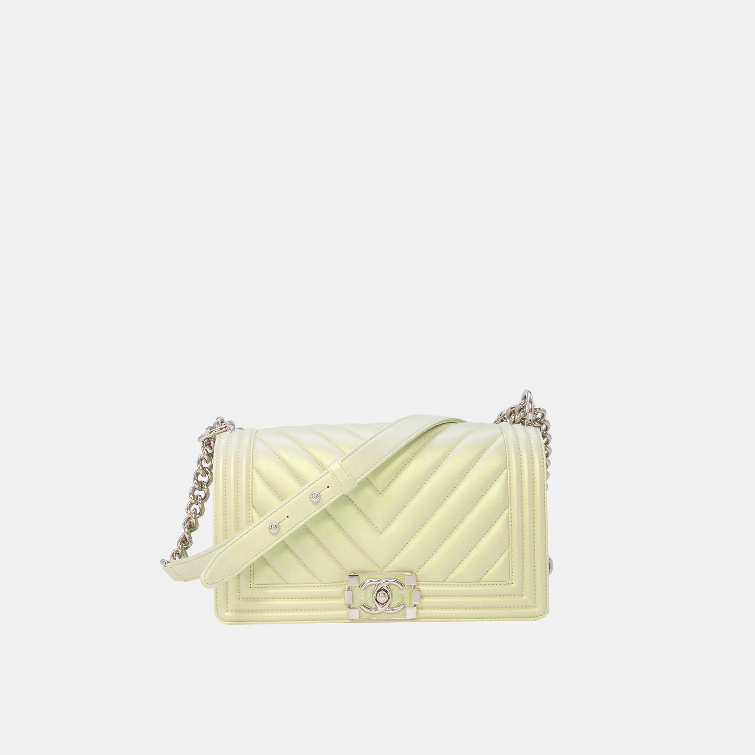 Chanel Medium Boy Flap in Iridescent Green Lambskin Chevron Quilted with Sliver Hardware